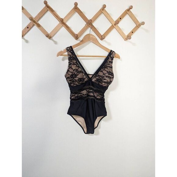 NWT Beachsissi Women's Black and Tan Lace Lattice One Piece Swimsuit - Size S - Picture 1 of 7